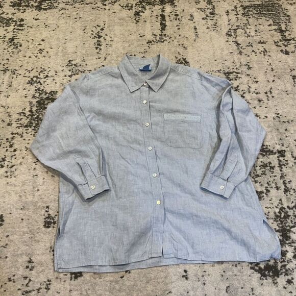 Sigrid Olsen Tops - Sigrid Olsen 100% Linen Button Down Striped Shirt Size‎ 1X SO Blue